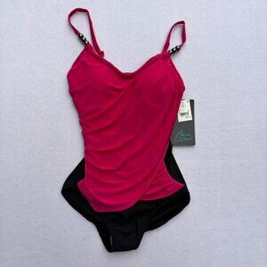 NWT Aqua Green Pink Black Drape Front One-Piece Swimsuit Size M Vacation Cruise
